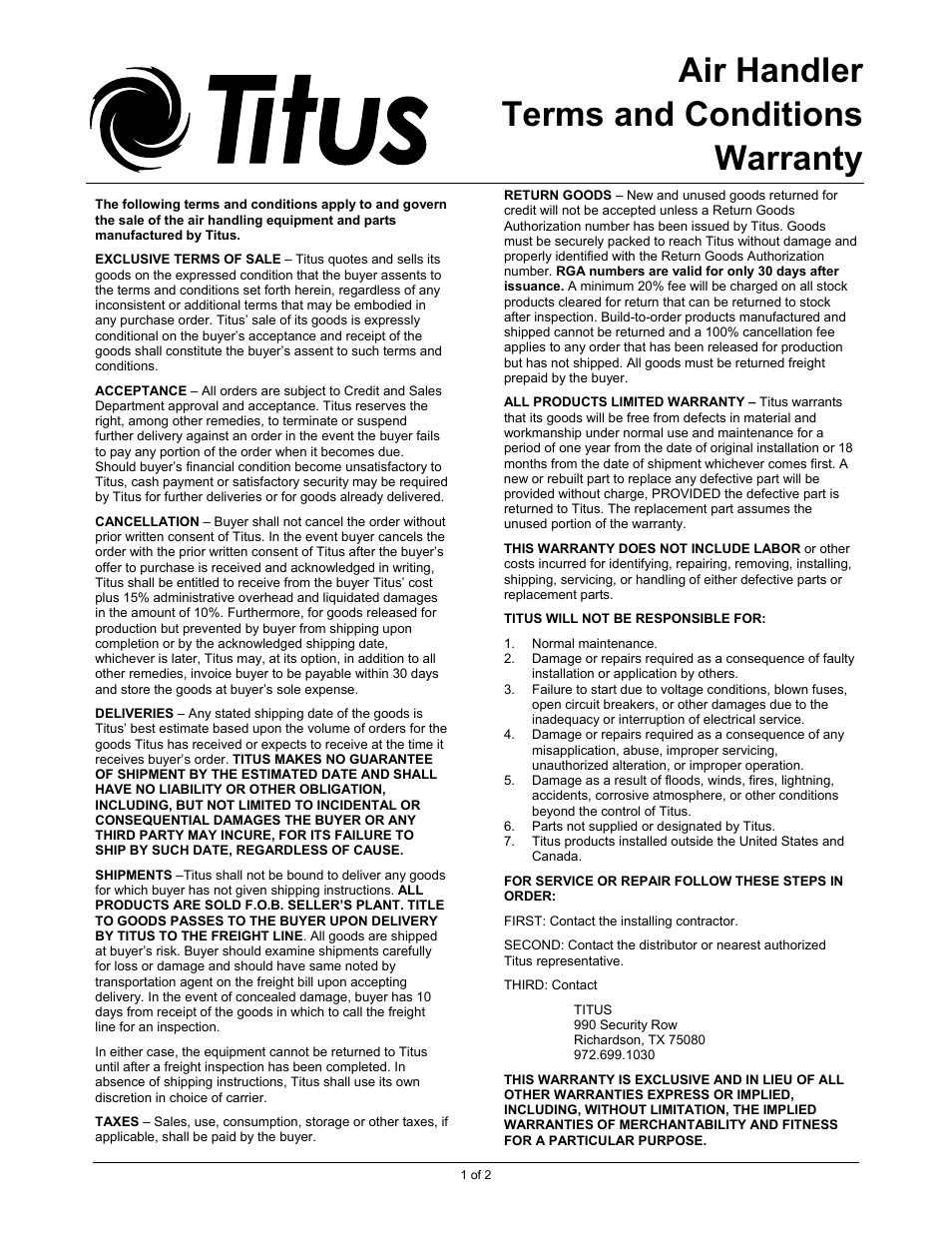 Air handler terms and conditions warranty | Titus HAB Horizontal Air Handler Belt Drive User Manual | Page 10 / 11