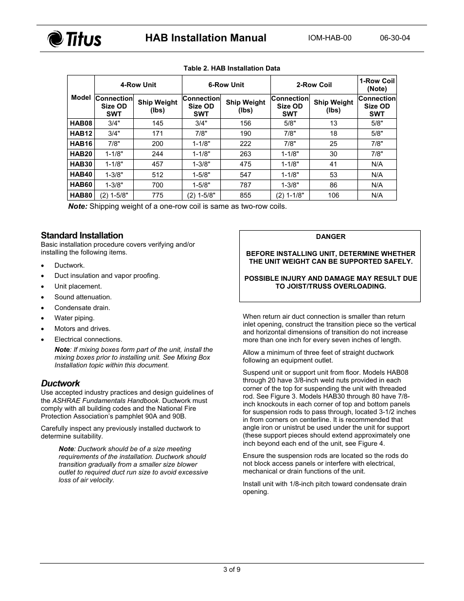 Standard installation, Ductwork, Hab installation manual | Titus HAB Horizontal Air Handler Belt Drive User Manual | Page 3 / 11