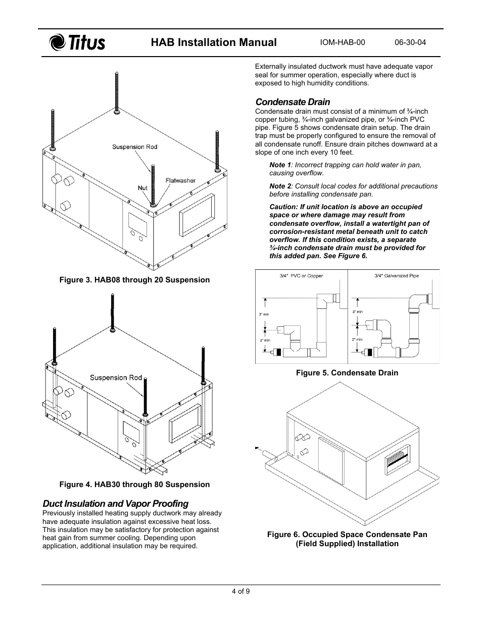 Duct insulation and vapor proofing, Condensate drain, Water piping | Hab installation manual | Titus HAB Horizontal Air Handler Belt Drive User Manual | Page 4 / 11