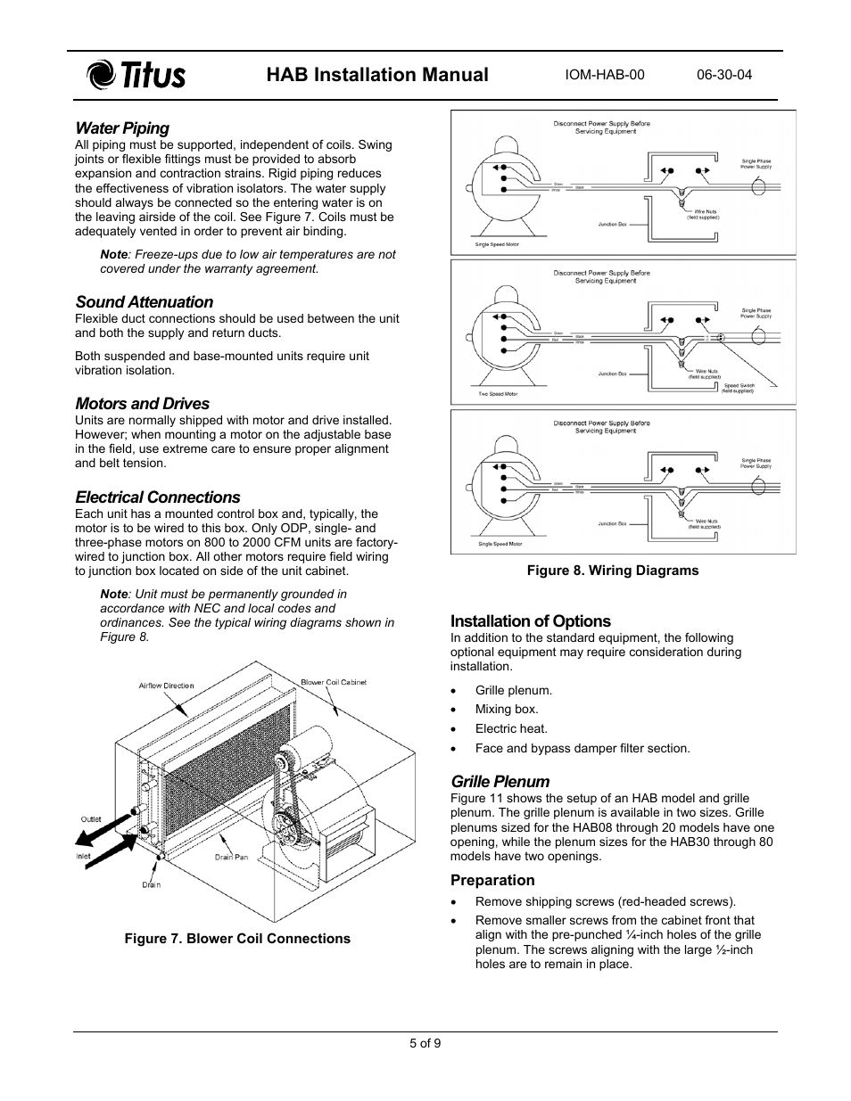 Sound attenuation, Motors and drives, Electrical connections | Installation of options, Grille plenum, Preparation, Water piping, Hab installation manual | Titus HAB Horizontal Air Handler Belt Drive User Manual | Page 5 / 11