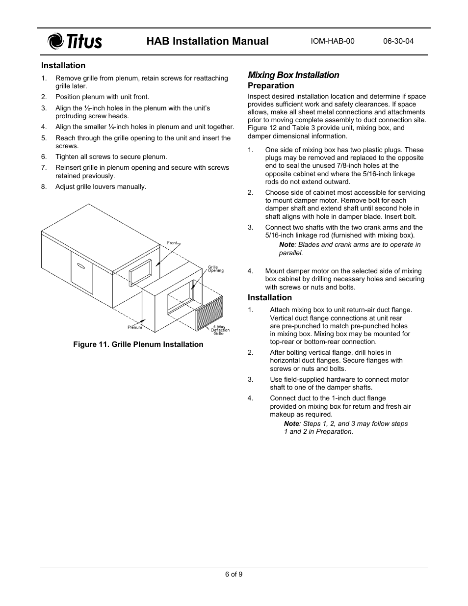 Installation, Mixing box installation, Preparation | Hab installation manual | Titus HAB Horizontal Air Handler Belt Drive User Manual | Page 6 / 11