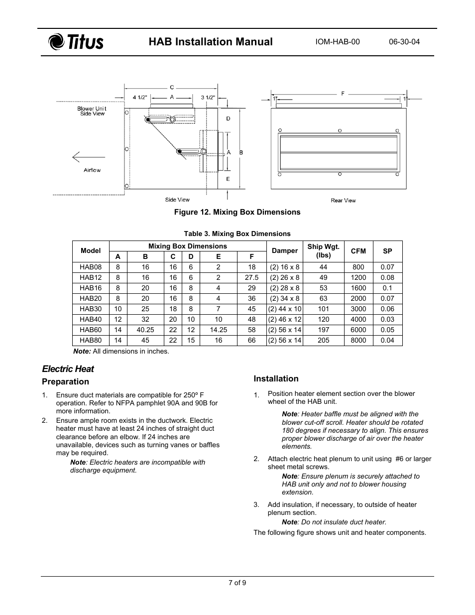 Electric heat, Installation, Preparation | Hab installation manual | Titus HAB Horizontal Air Handler Belt Drive User Manual | Page 7 / 11