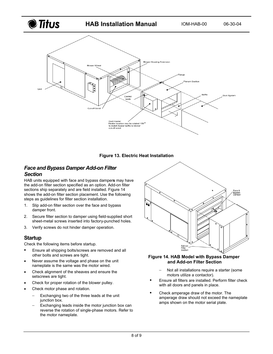 Face and bypass damper add-on filter section, Startup, Hab installation manual | Titus HAB Horizontal Air Handler Belt Drive User Manual | Page 8 / 11