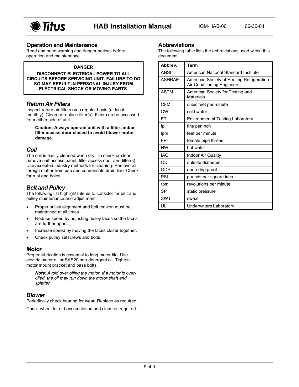 Operation and maintenance, Return air filters, Coil | Belt and pulley, Motor, Blower, Abbreviations, Hab installation manual | Titus HAB Horizontal Air Handler Belt Drive User Manual | Page 9 / 11