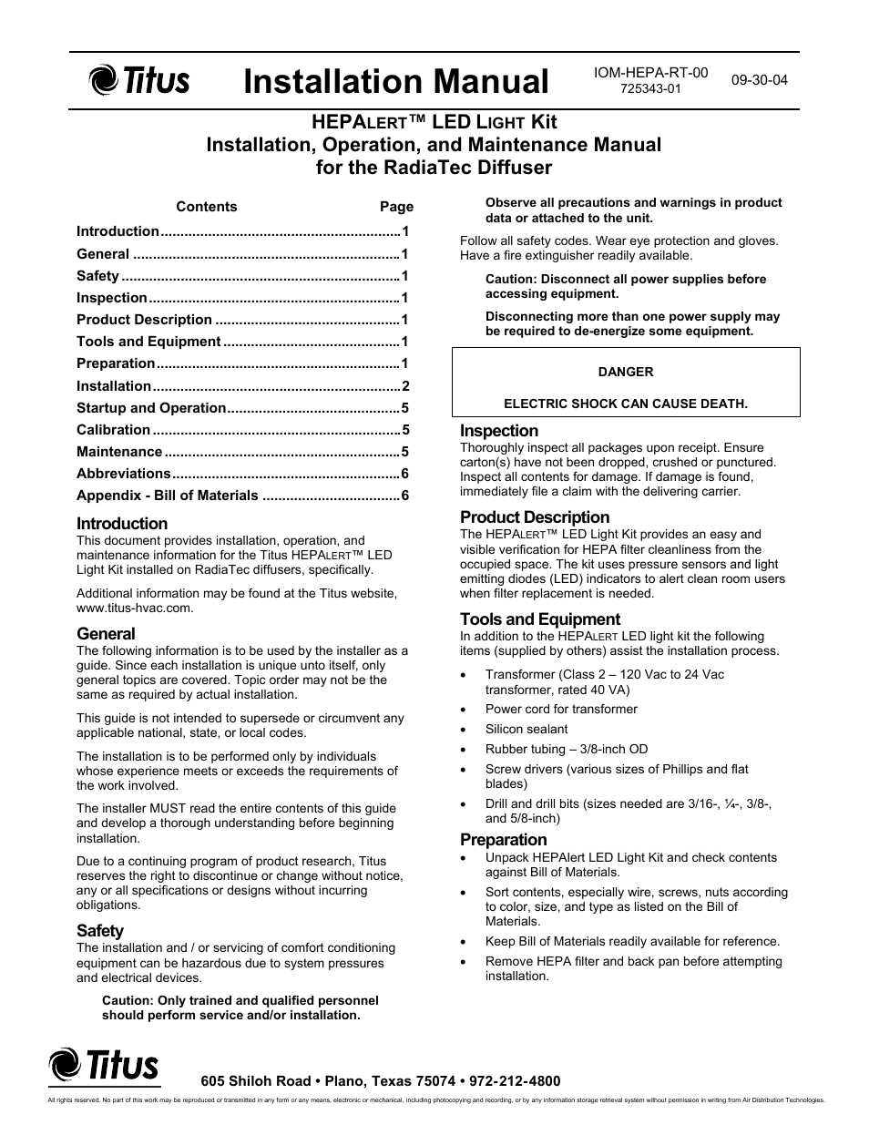 Titus HEPAlert IOM for RadiaTec Diffusers User Manual | 7 pages