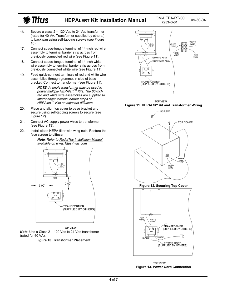 Hepa, Kit installation manual | Titus HEPAlert IOM for RadiaTec Diffusers User Manual | Page 4 / 7