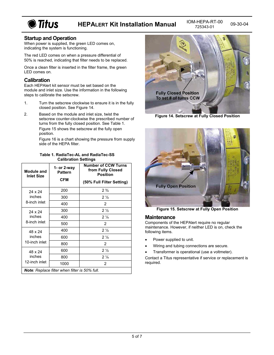 Hepa, Kit installation manual, Startup and operation | Calibration, Maintenance | Titus HEPAlert IOM for RadiaTec Diffusers User Manual | Page 5 / 7