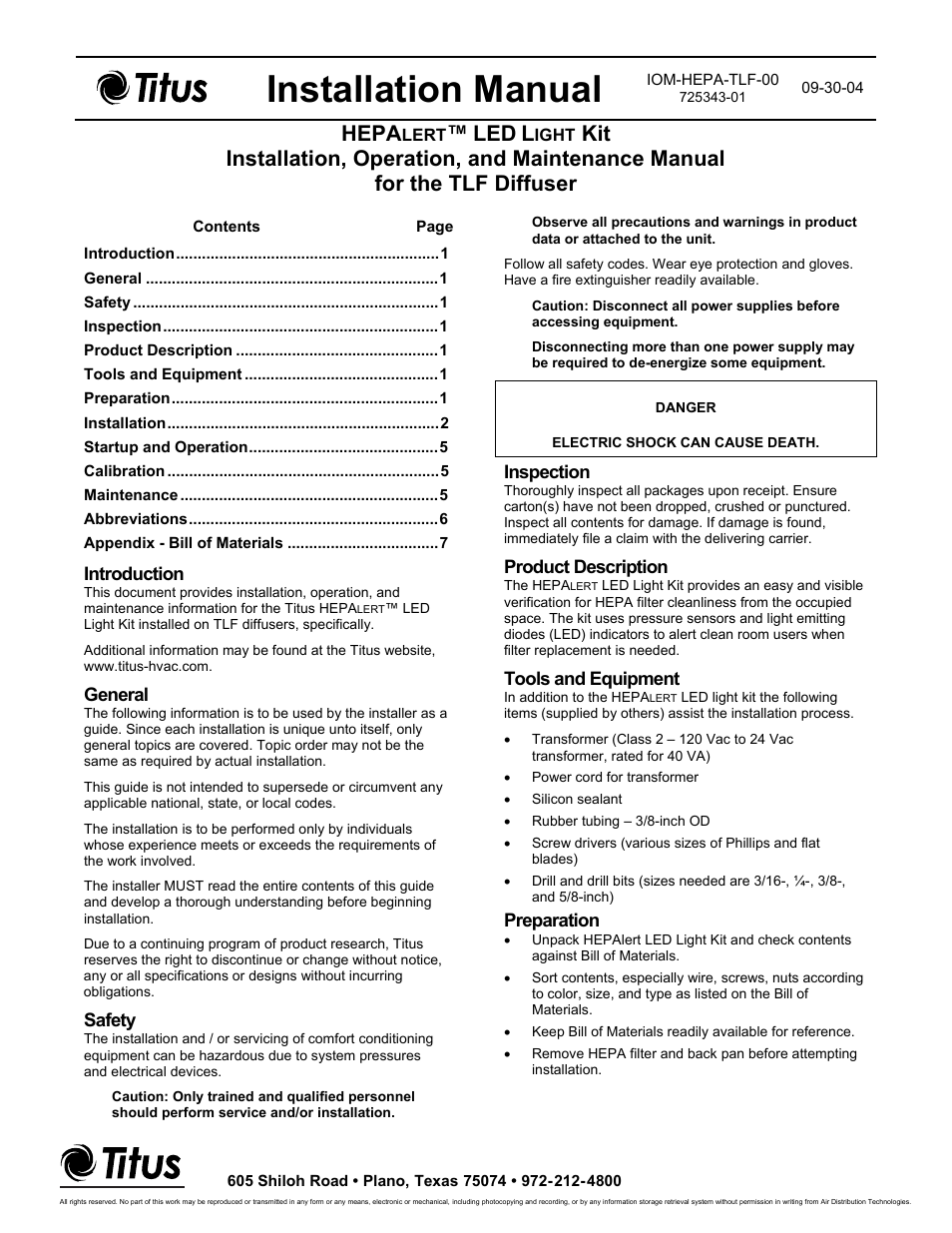 Titus HEPAlert IOM for TLF Diffusers User Manual | 7 pages