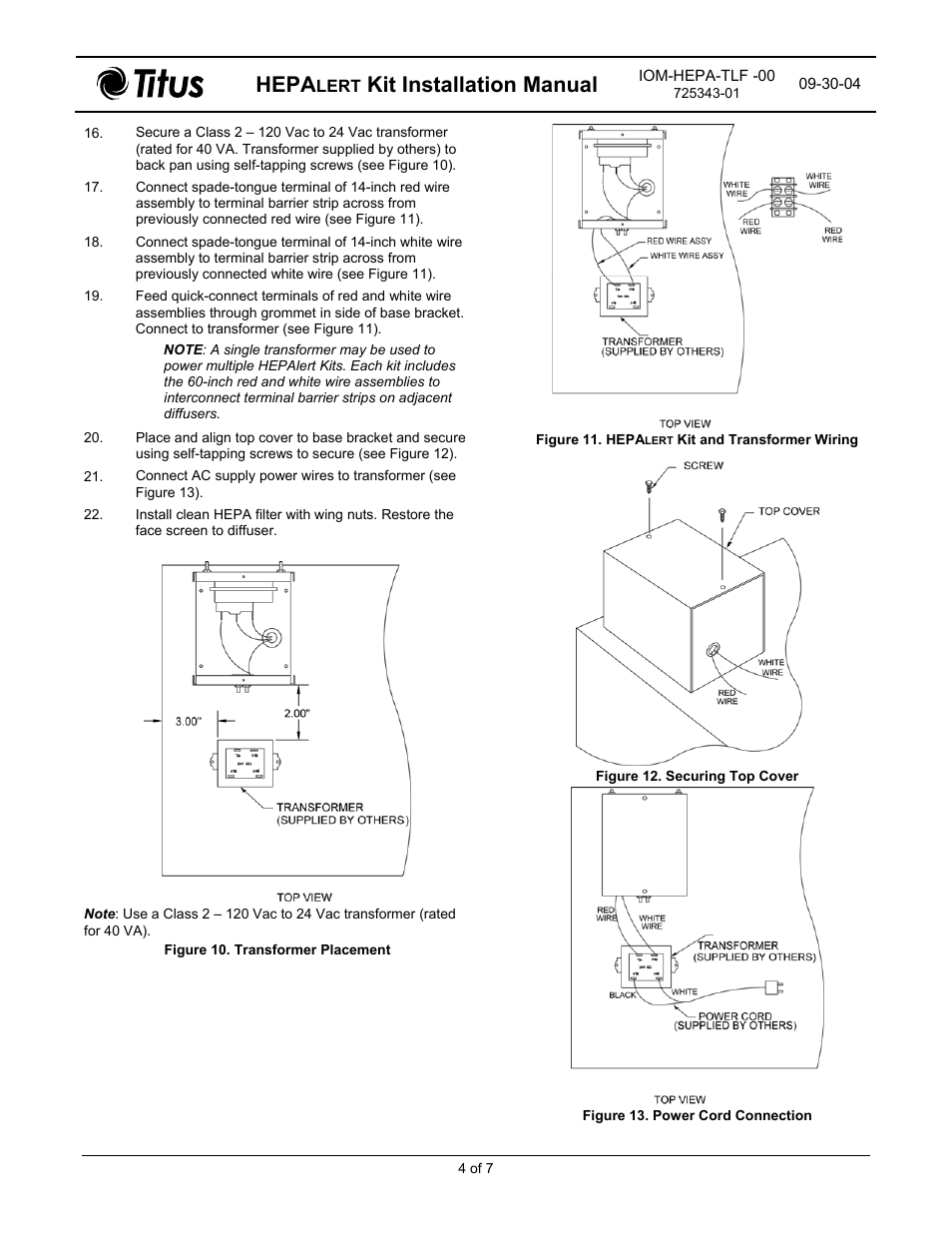 Hepa, Kit installation manual | Titus HEPAlert IOM for TLF Diffusers User Manual | Page 4 / 7