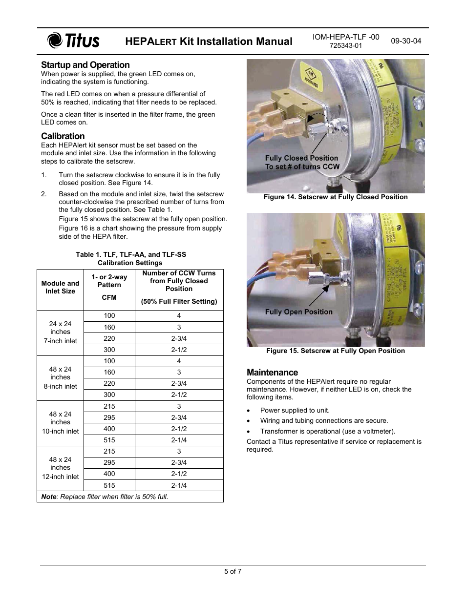 Hepa, Kit installation manual, Startup and operation | Calibration, Maintenance | Titus HEPAlert IOM for TLF Diffusers User Manual | Page 5 / 7