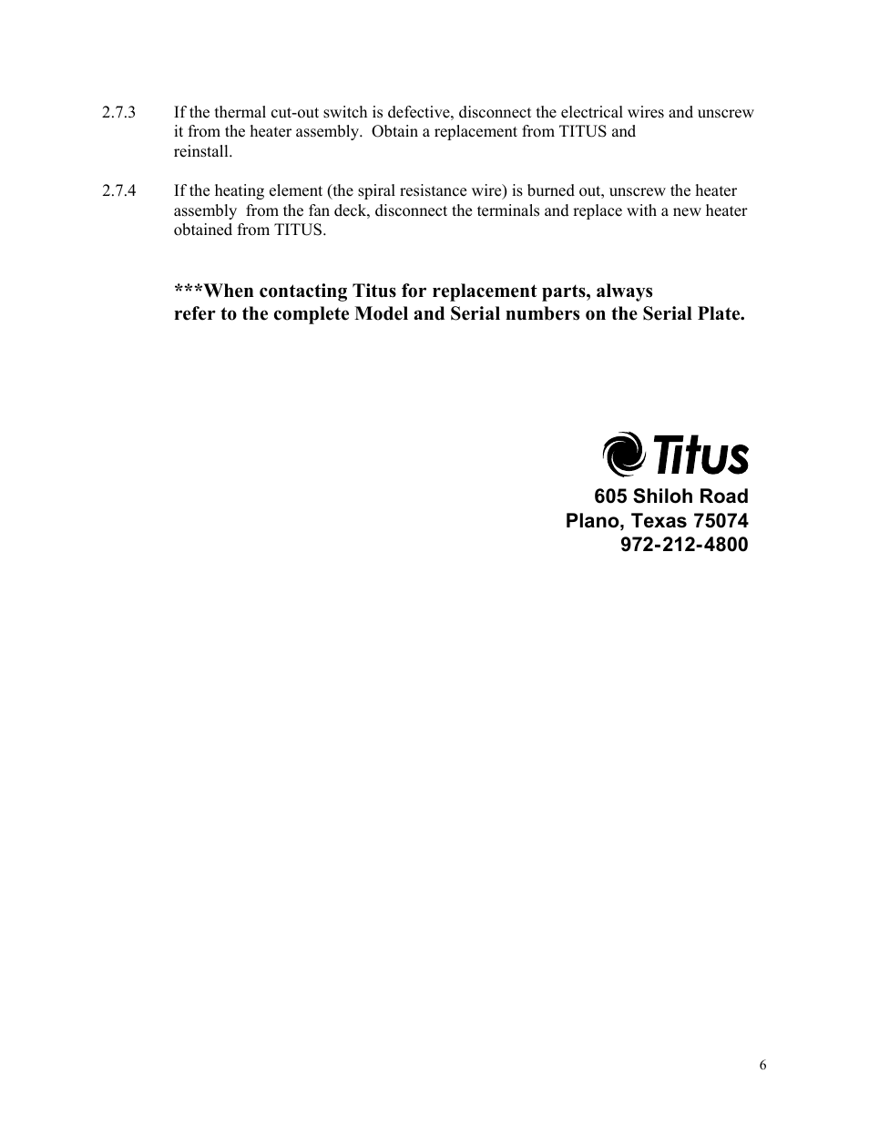 Titus Horizontal Basic IOM User Manual | Page 6 / 6