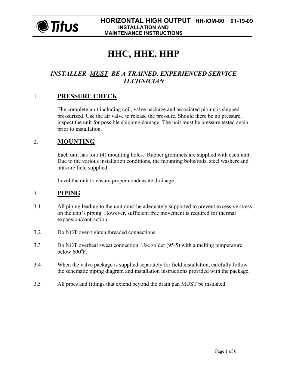 Titus Horizontal High Output IOM User Manual | 6 pages