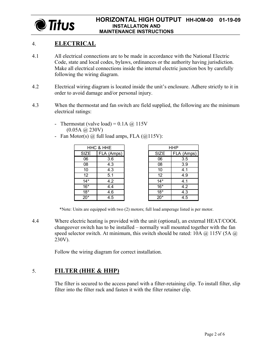 Horizontal high output, Electrical, Filter (hhe & hhp) | Titus Horizontal High Output IOM User Manual | Page 2 / 6