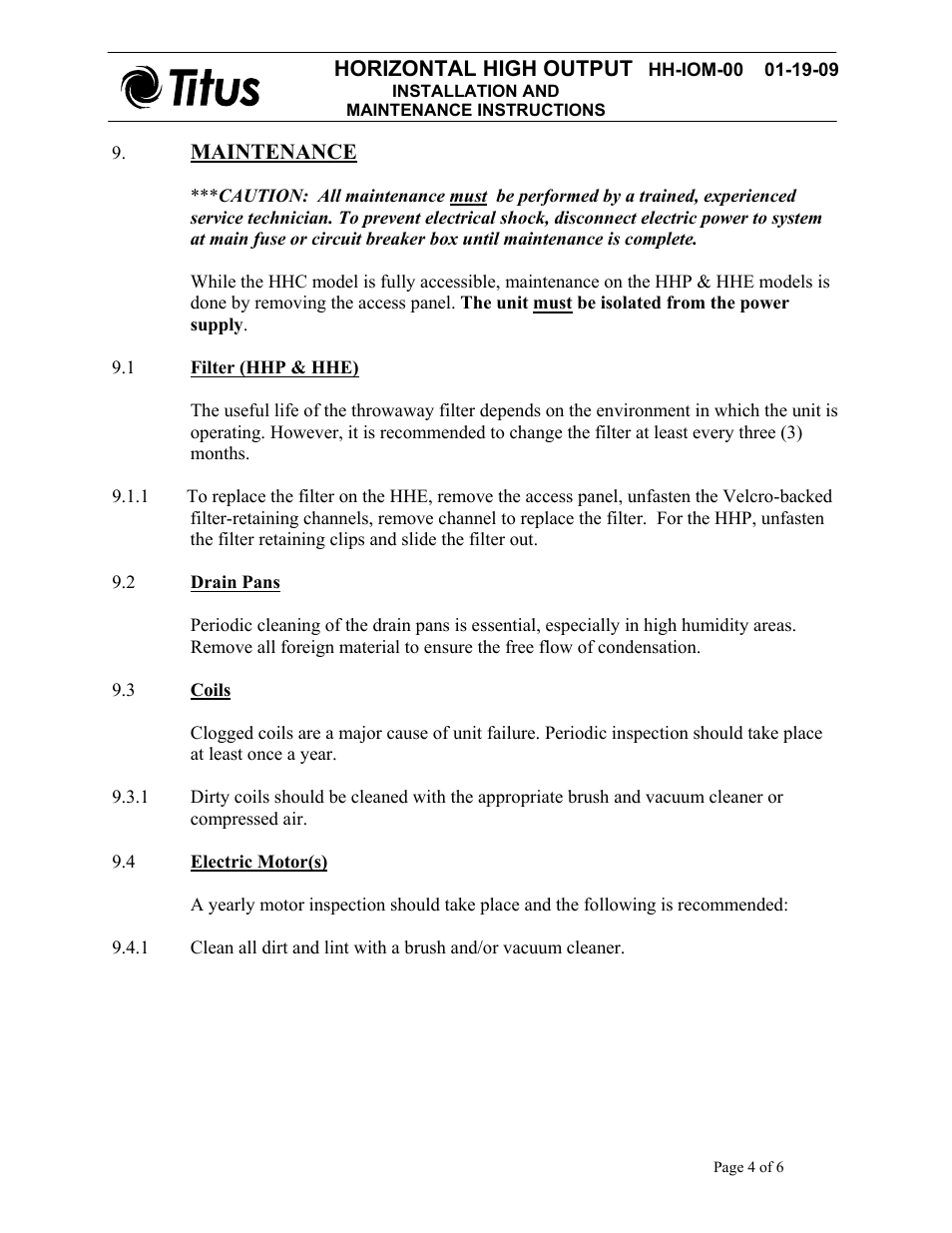 Horizontal high output, Maintenance | Titus Horizontal High Output IOM User Manual | Page 4 / 6