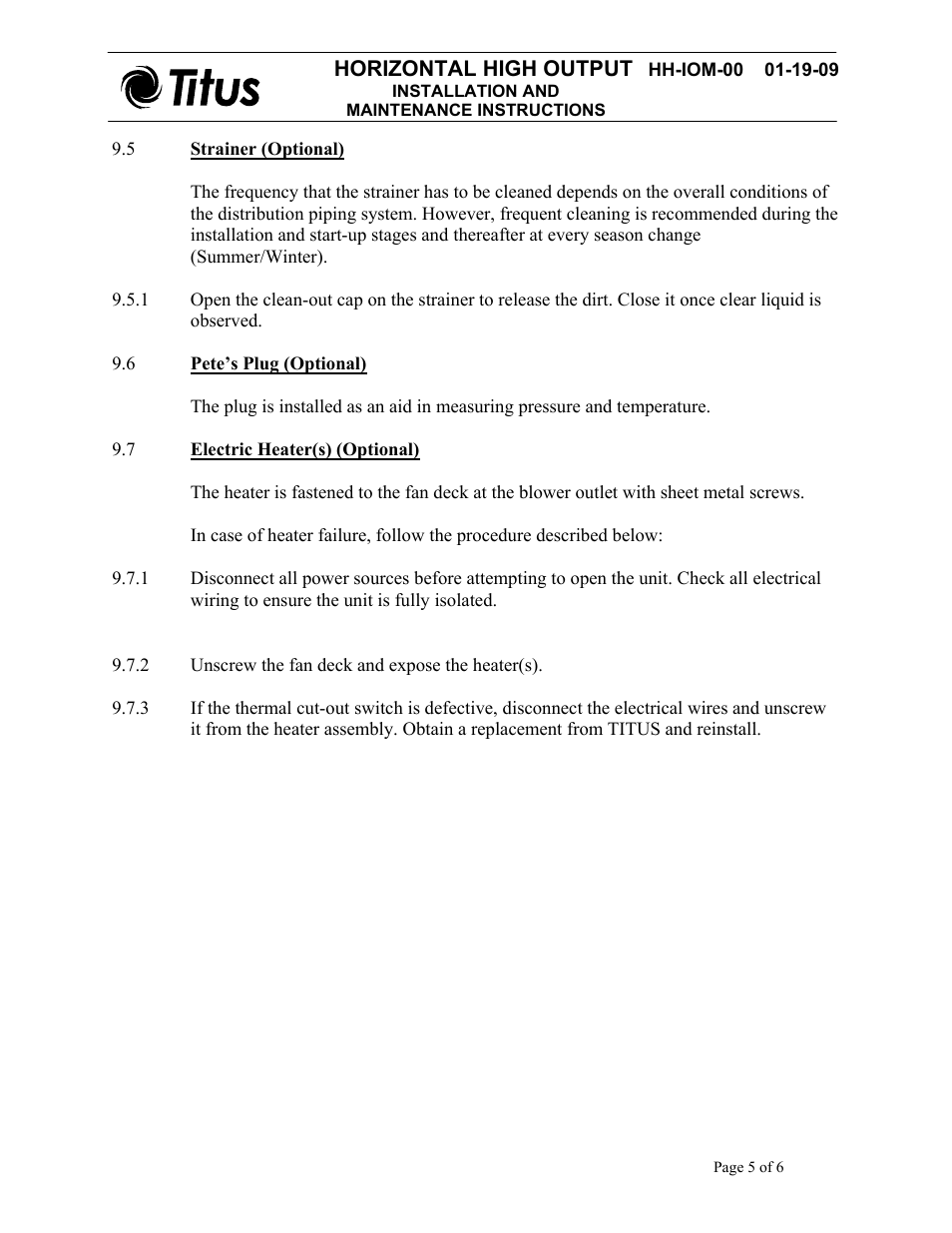 Horizontal high output | Titus Horizontal High Output IOM User Manual | Page 5 / 6