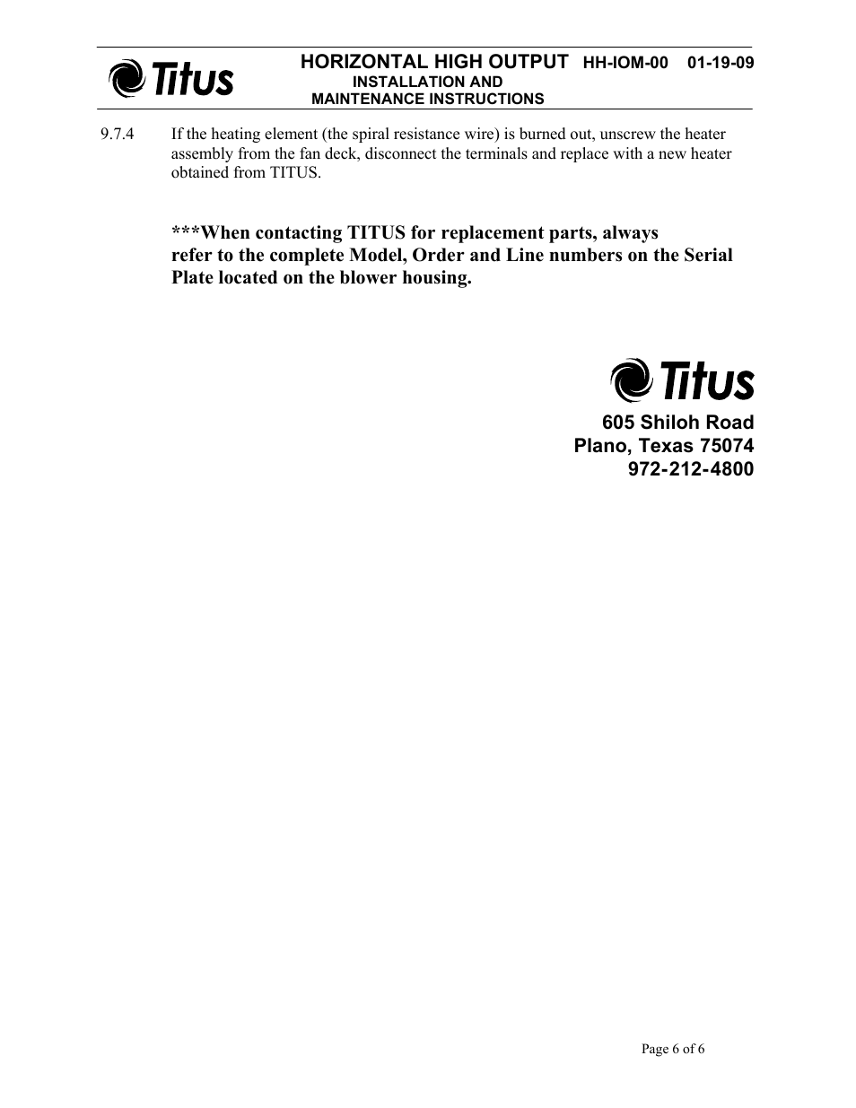 Horizontal high output | Titus Horizontal High Output IOM User Manual | Page 6 / 6