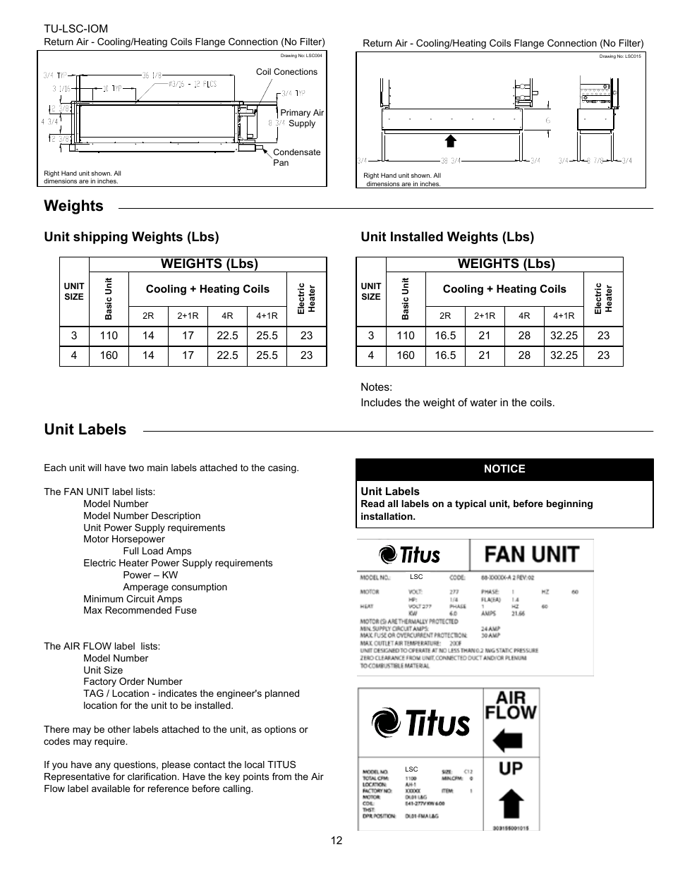 Weights, Unit labels, Weights (lbs) | Titus LSC IOM User Manual | Page 12 / 27