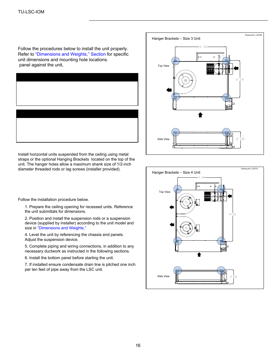 Installation – general, Installing the unit, Motor overload | Titus LSC IOM User Manual | Page 16 / 27