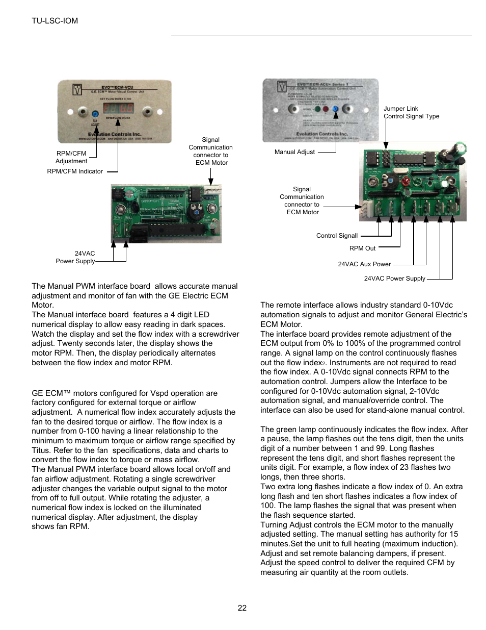 Ecm overview and setup, Manual / unit pwm signal interface board, Operation | Remote pwm signal interface board details | Titus LSC IOM User Manual | Page 22 / 27