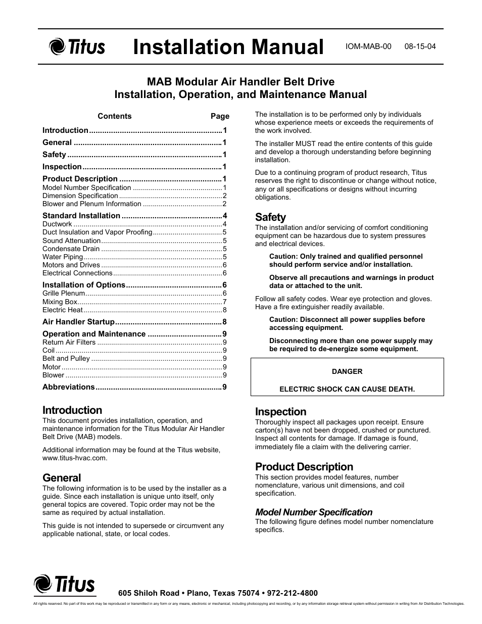 Titus MAB IOM User Manual | 9 pages