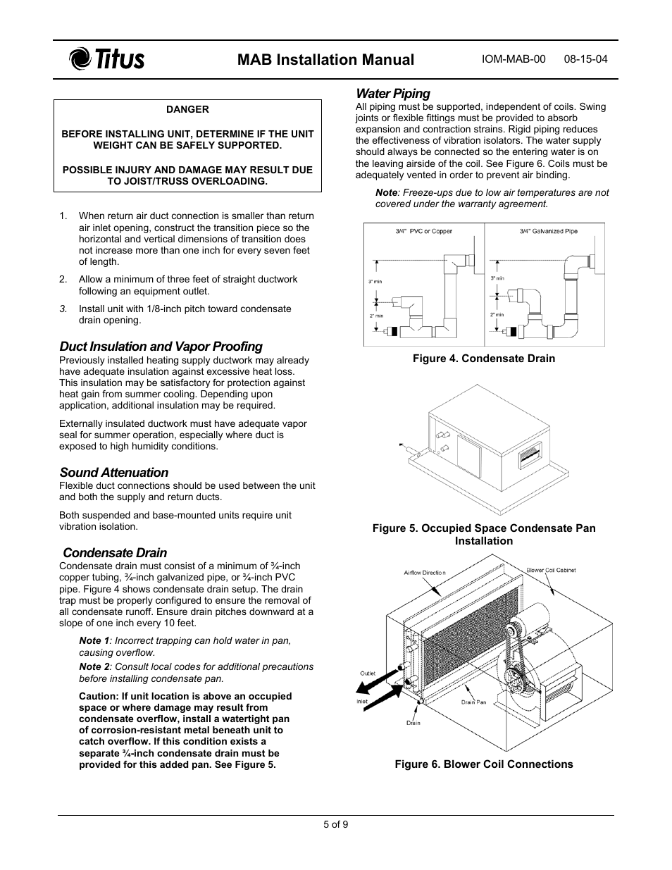 Mab installation manual, Duct insulation and vapor proofing, Sound attenuation | Condensate drain, Water piping | Titus MAB IOM User Manual | Page 5 / 9