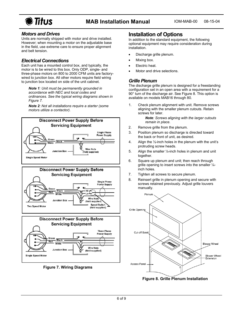 Mab installation manual, Installation of options, Motors and drives | Electrical connections, Grille plenum | Titus MAB IOM User Manual | Page 6 / 9