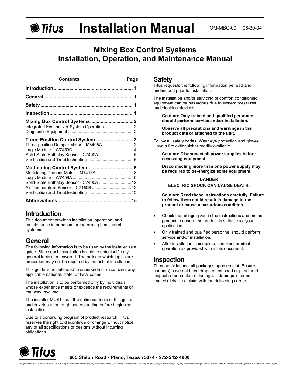 Titus Mixing Box Controls IOM User Manual | 15 pages