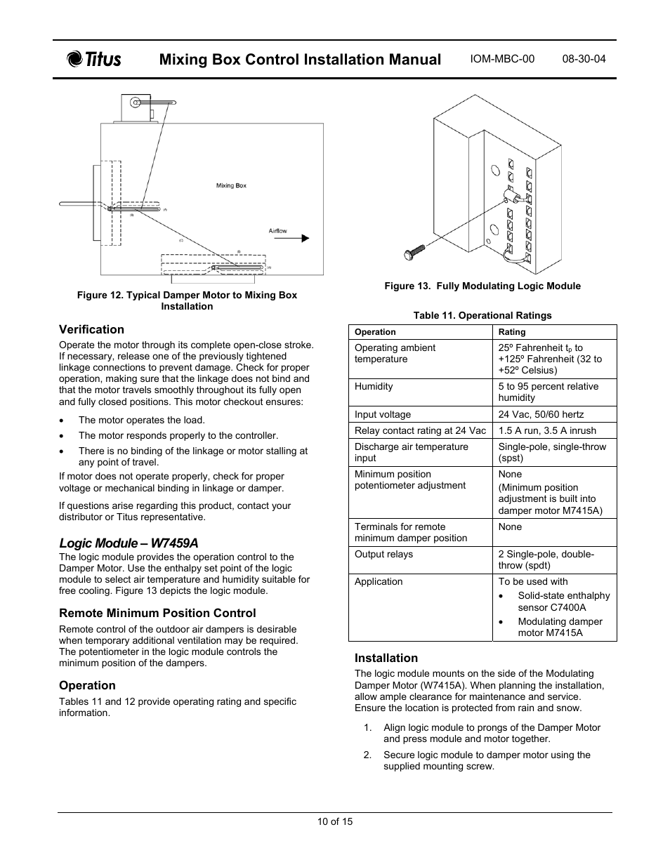 Mixing box control installation manual, Logic module – w7459a | Titus Mixing Box Controls IOM User Manual | Page 10 / 15