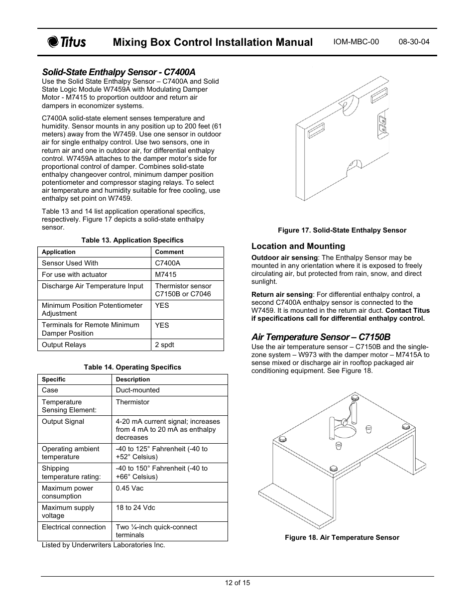 Mixing box control installation manual, Solid-state enthalpy sensor - c7400a, Air temperature sensor – c7150b | Titus Mixing Box Controls IOM User Manual | Page 12 / 15