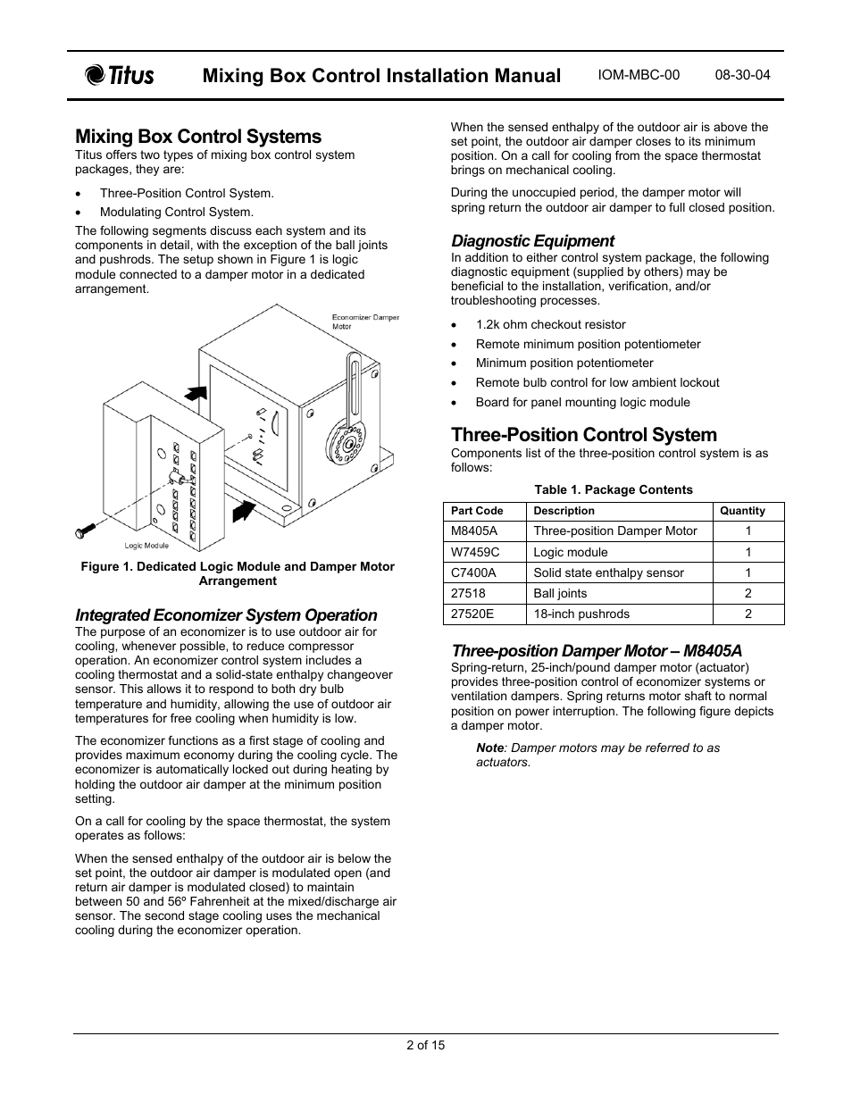 Mixing box control installation manual, Mixing box control systems, Three-position control system | Integrated economizer system operation, Diagnostic equipment, Three-position damper motor – m8405a | Titus Mixing Box Controls IOM User Manual | Page 2 / 15