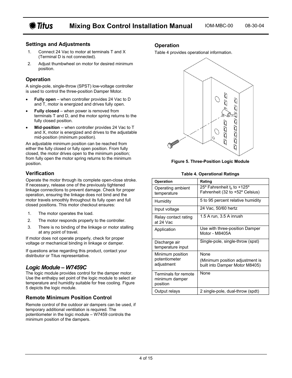 Mixing box control installation manual, Logic module – w7459c | Titus Mixing Box Controls IOM User Manual | Page 4 / 15