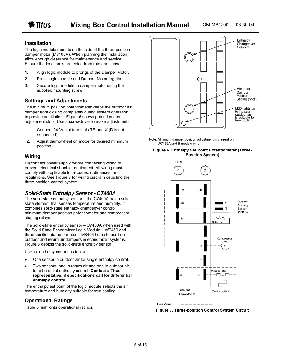 Mixing box control installation manual, Solid-state enthalpy sensor - c7400a | Titus Mixing Box Controls IOM User Manual | Page 5 / 15