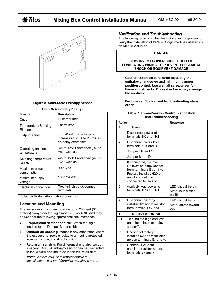 Mixing box control installation manual, Verification and troubleshooting | Titus Mixing Box Controls IOM User Manual | Page 6 / 15