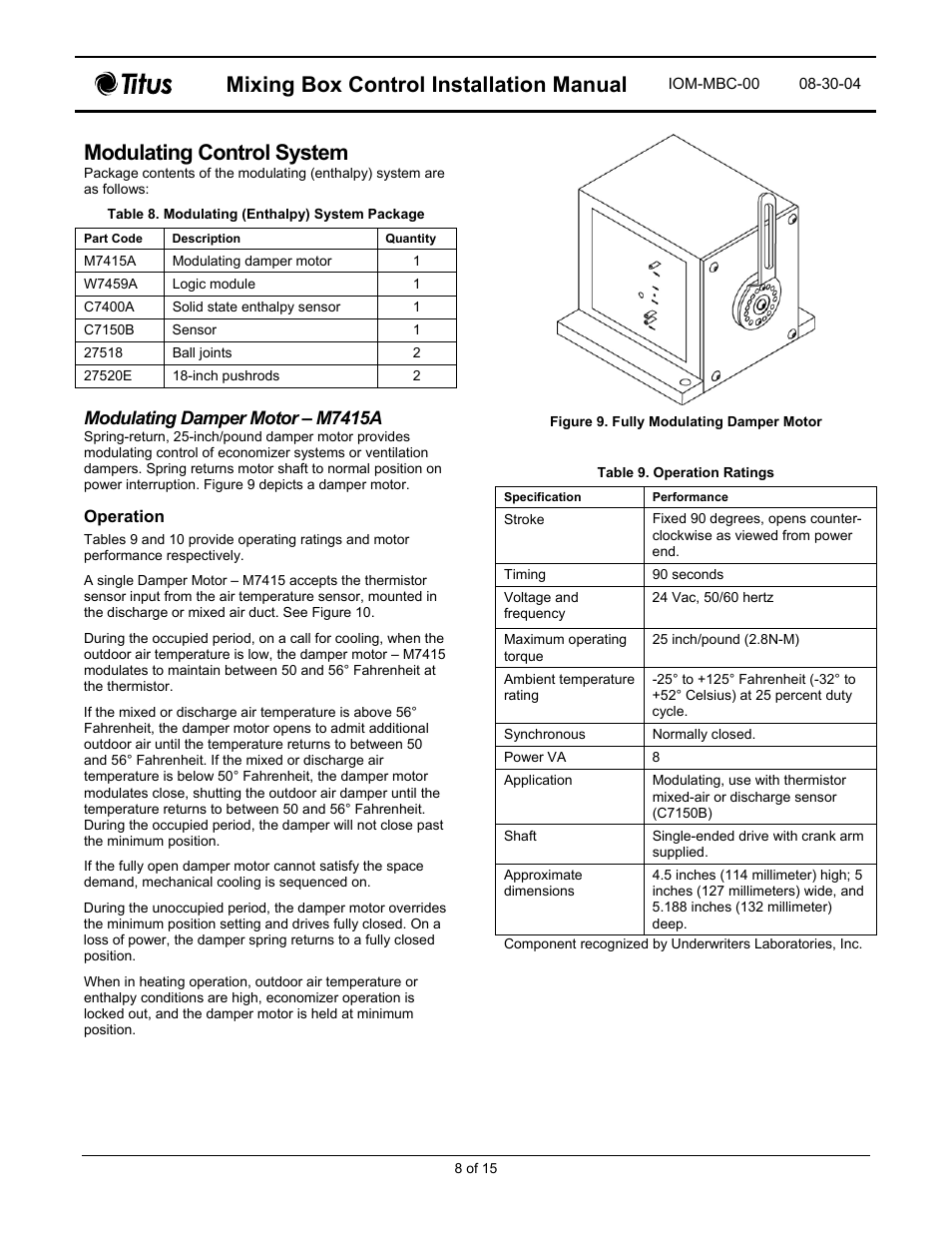 Mixing box control installation manual, Modulating control system, Modulating damper motor – m7415a | Titus Mixing Box Controls IOM User Manual | Page 8 / 15