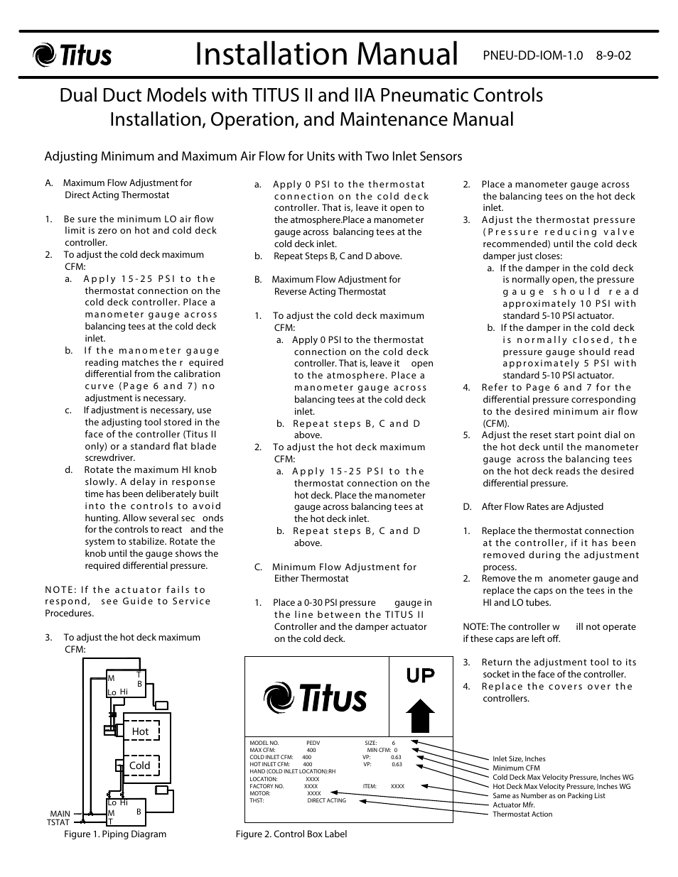 Titus Pneumatic Controls for Dual Duct Terminals IOM User Manual | 9 pages