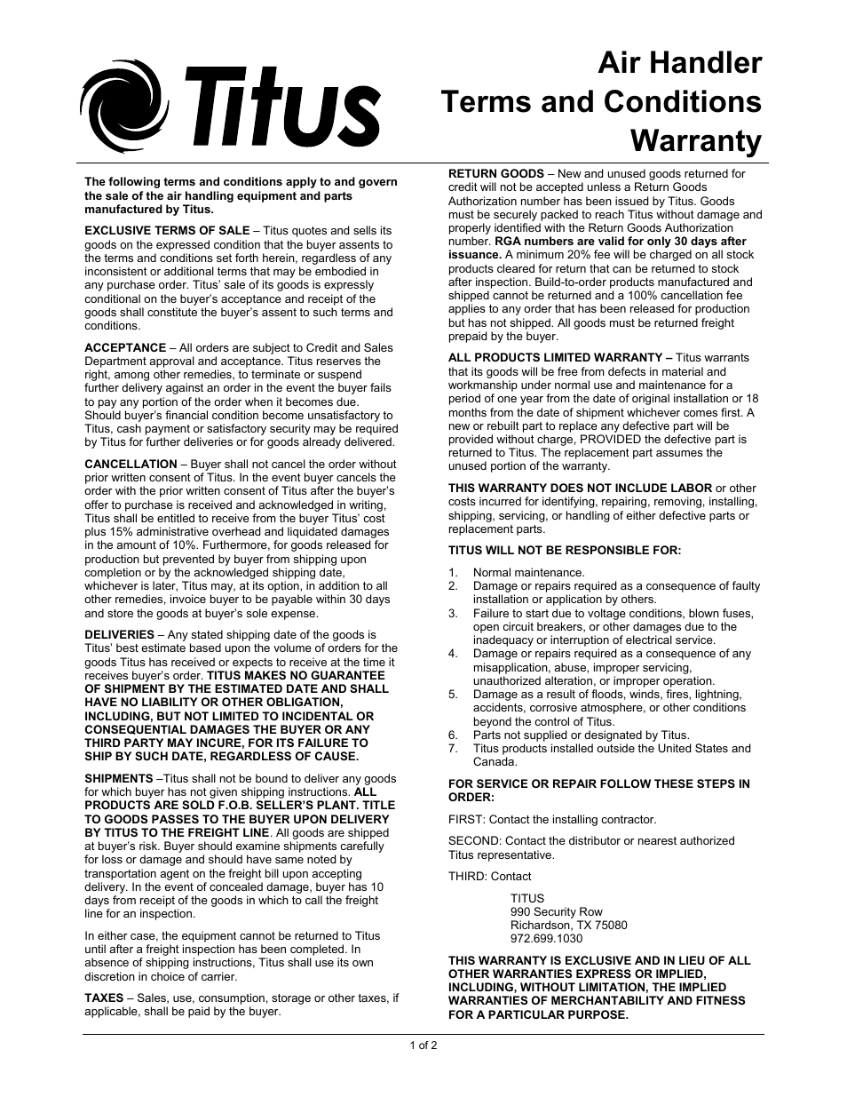 Air handler terms and conditions warranty | Titus RAB IOM User Manual | Page 11 / 12