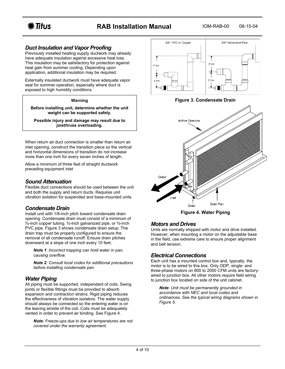 Rab installation manual, Duct insulation and vapor proofing, Sound attenuation | Condensate drain, Water piping, Motors and drives, Electrical connections | Titus RAB IOM User Manual | Page 4 / 12