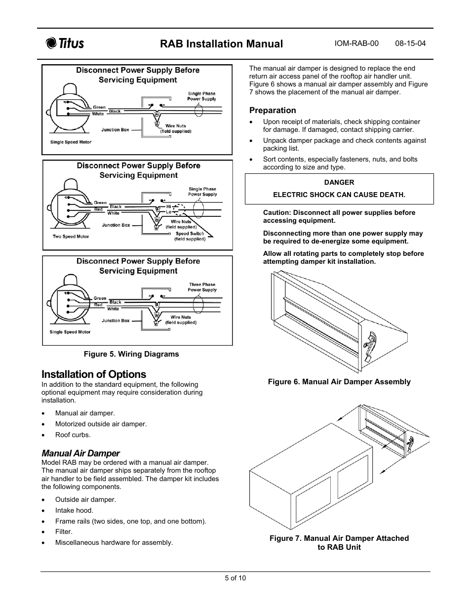 Rab installation manual, Installation of options, Manual air damper | Titus RAB IOM User Manual | Page 5 / 12