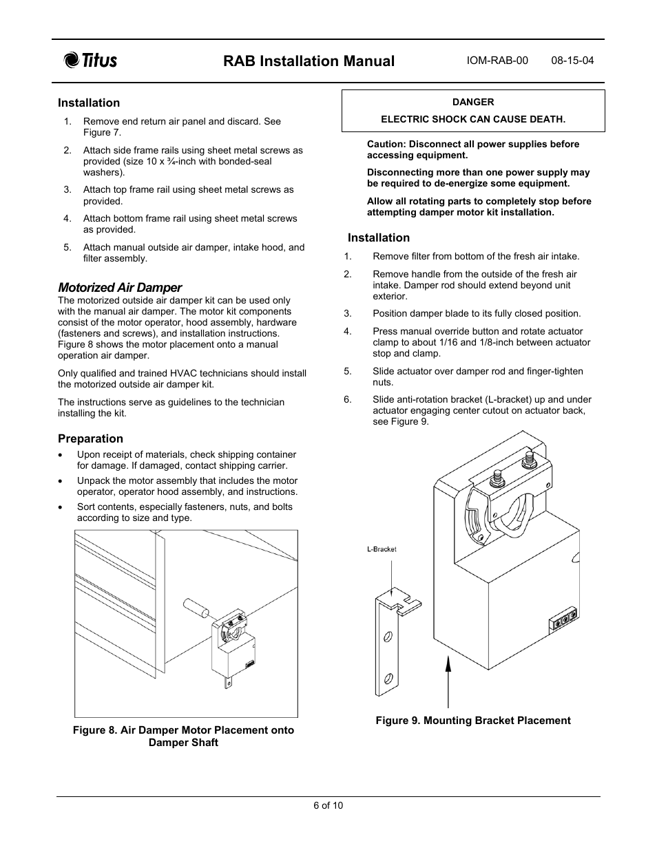 Rab installation manual, Motorized air damper | Titus RAB IOM User Manual | Page 6 / 12