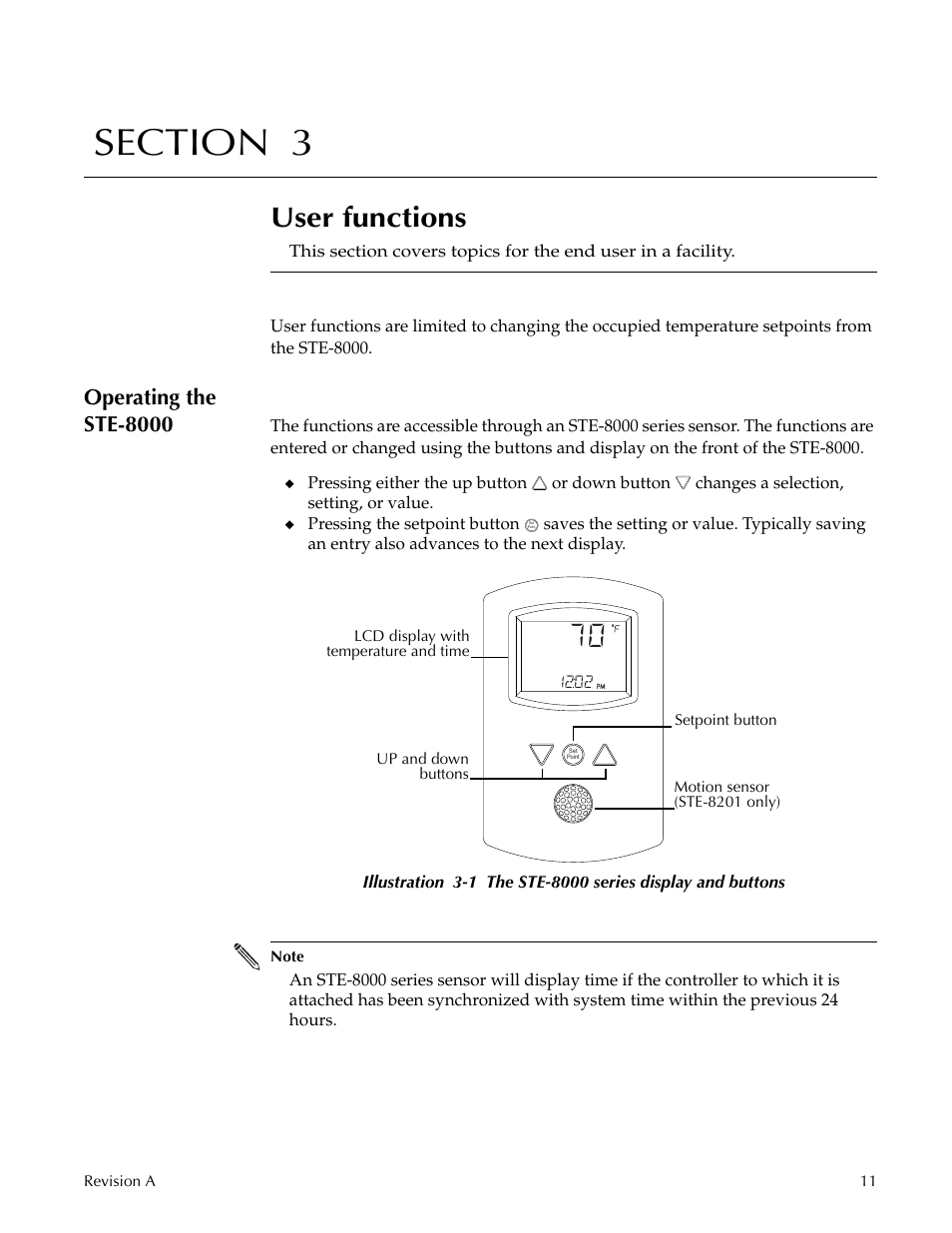 User functions, Operating the ste-8000, Section 3 | Titus Sensor STE-8001 and STE-8201 User Manual | Page 11 / 34