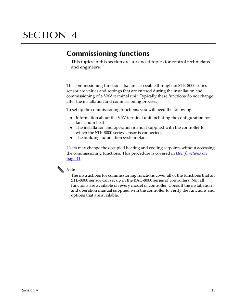 Commissioning functions, Section 4 | Titus Sensor STE-8001 and STE-8201 User Manual | Page 13 / 34