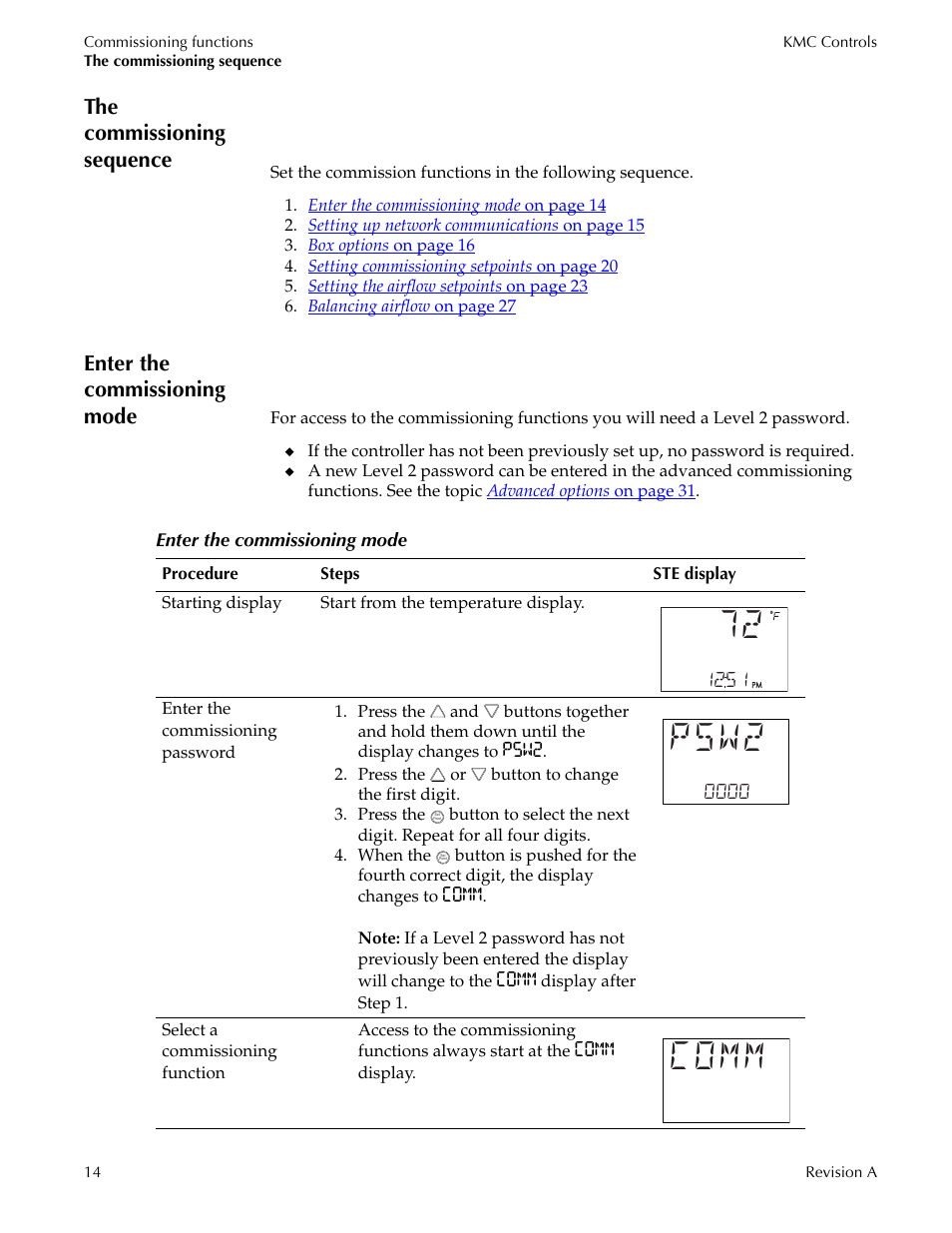 The commissioning sequence, Enter the commissioning mode, Psw2 | Comm | Titus Sensor STE-8001 and STE-8201 User Manual | Page 14 / 34