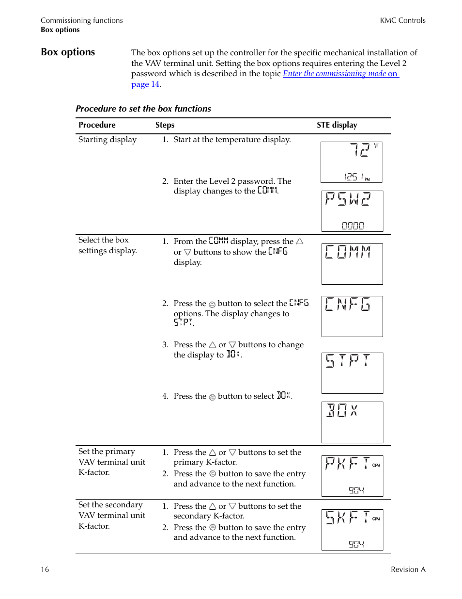Box options, Psw2, Comm cnfg stpt box | Pkft, Skft | Titus Sensor STE-8001 and STE-8201 User Manual | Page 16 / 34