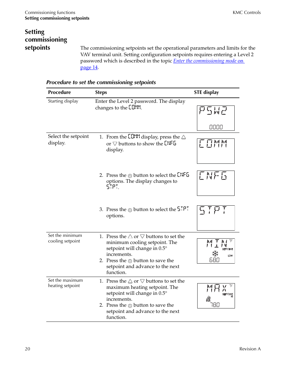 Setting commissioning setpoints, Psw2, Comm cnfg stpt | Titus Sensor STE-8001 and STE-8201 User Manual | Page 20 / 34