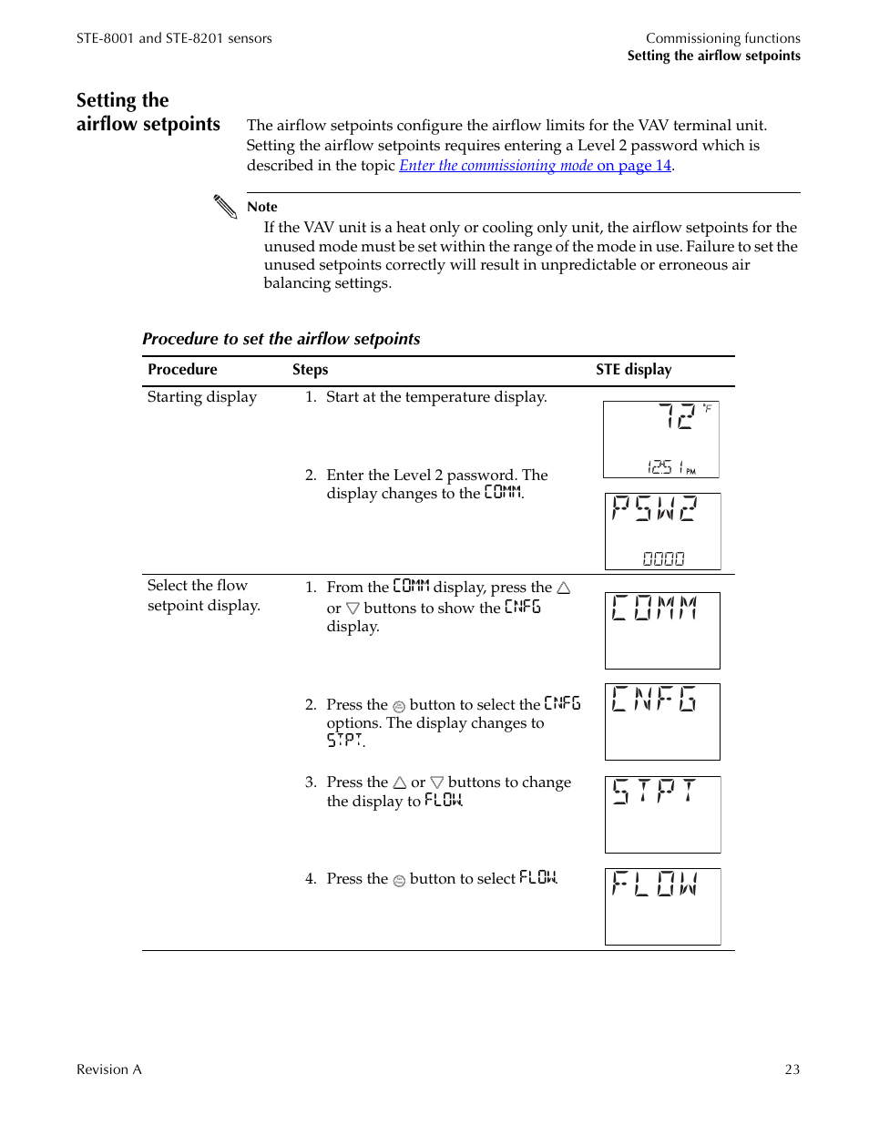 Setting the airflow setpoints, Psw2, Comm cnfg stpt flow | Titus Sensor STE-8001 and STE-8201 User Manual | Page 23 / 34