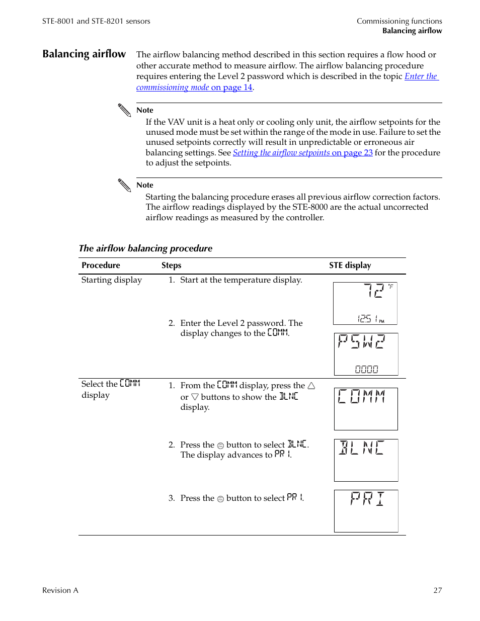 Balancing airflow, Psw2, Comm blnc pri | Titus Sensor STE-8001 and STE-8201 User Manual | Page 27 / 34