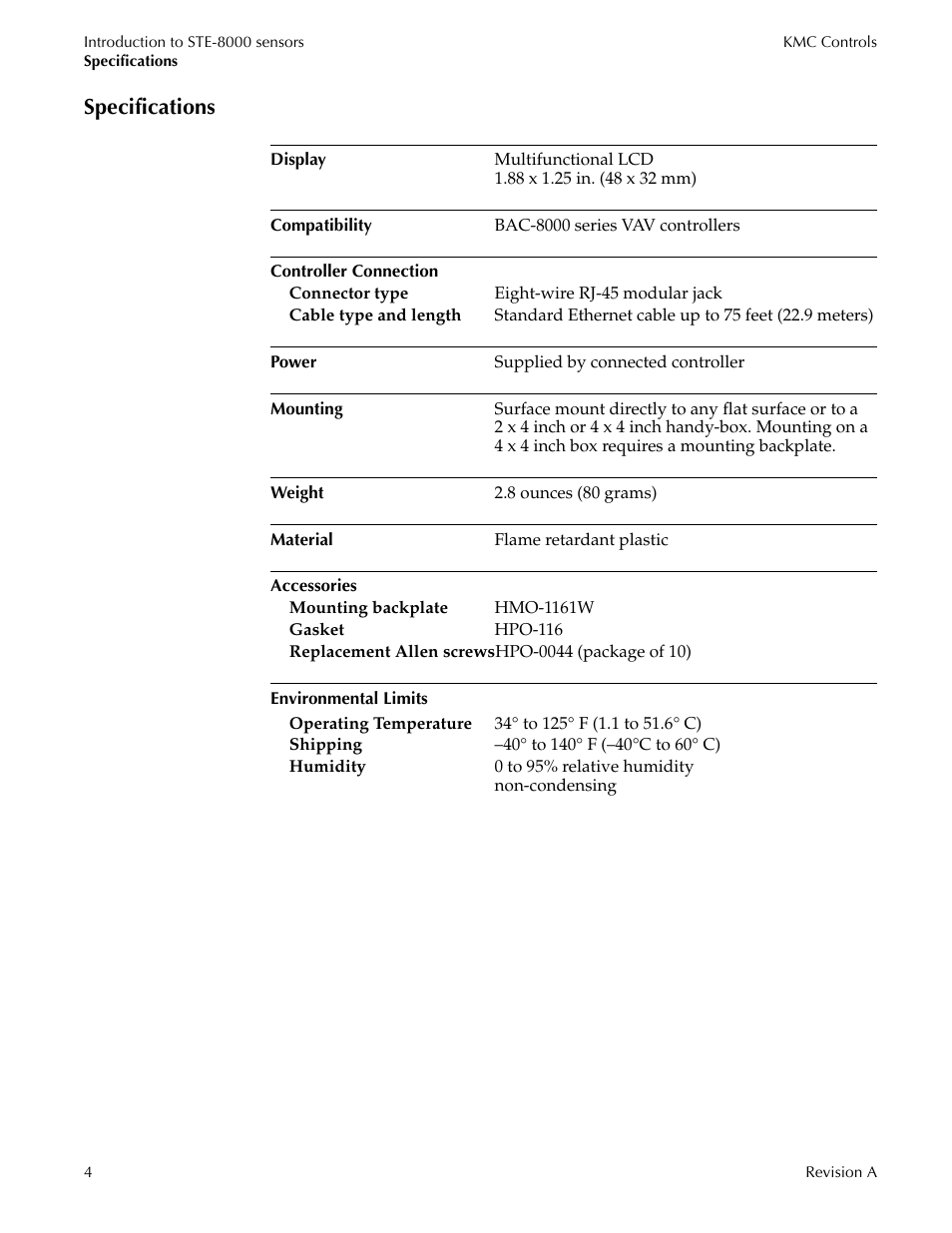 Specifications | Titus Sensor STE-8001 and STE-8201 User Manual | Page 4 / 34