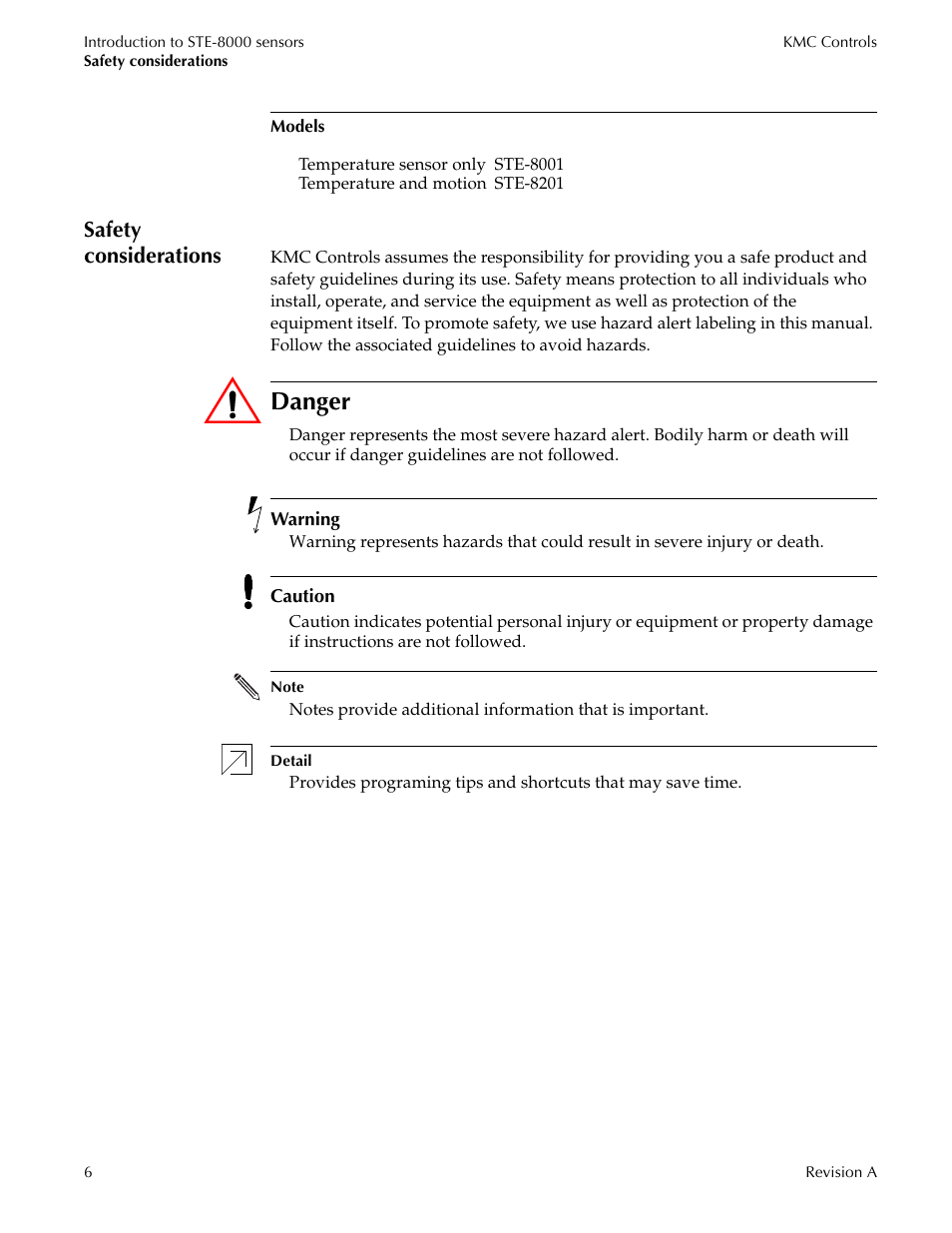 Safety considerations, Danger | Titus Sensor STE-8001 and STE-8201 User Manual | Page 6 / 34