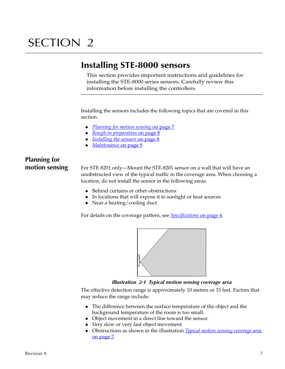 Installing ste-8000 sensors, Planning for motion sensing, Section 2 | Titus Sensor STE-8001 and STE-8201 User Manual | Page 7 / 34