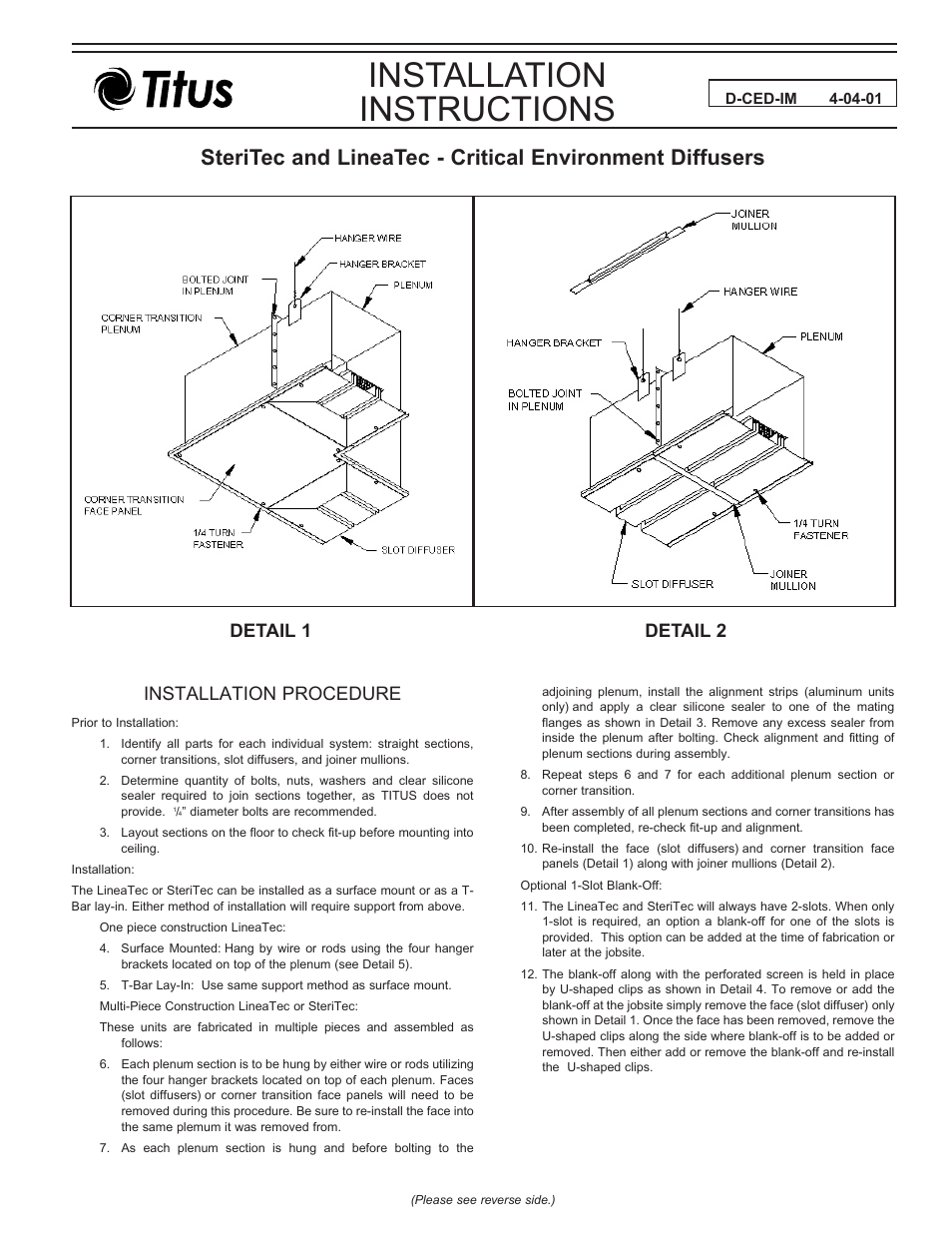 Titus SteriTec/LineaTec IOM User Manual | 2 pages